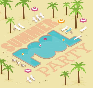 Şezlonglar, şemsiye şemsiyeler ve diğer isometrik yüzme havuzunda vektör yaratıcı konsept tasarımı