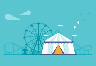 The amusement park elements set in the flat style. Circus, carousel, ferris wheel, roller coaster - Vector clipart