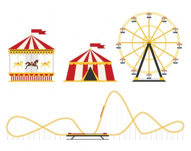 Düz tarzda yer alan eğlence parkı elemanları. Circus, Carousel, dönme dolabı, roller coaster