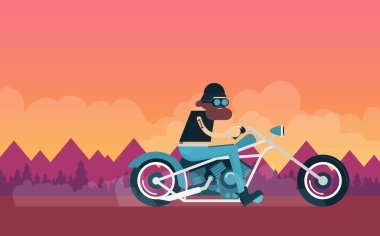 Acımasız karikatür Biker ile düz vektör klasik motosiklet