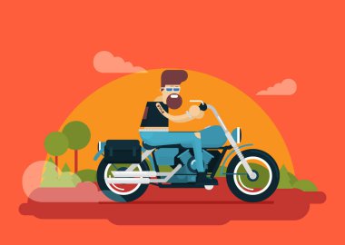 Acımasız karikatür Biker ile düz vektör klasik motosiklet