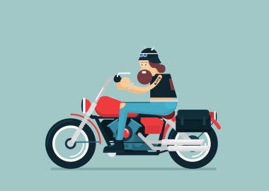 Acımasız karikatür Biker ile düz vektör klasik motosiklet