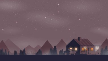 Vektör Illustration düz. Ev ile gece ormanı