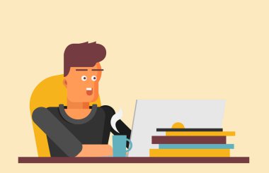 Ofis işçisi oturma ve düz stil vektör masaüstü bilgisayarda çalışan-vector