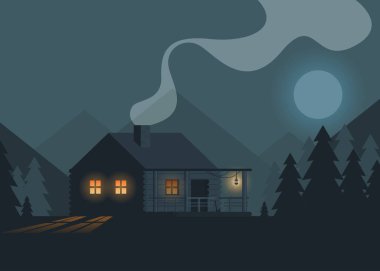 Vektör Illustration düz. Ev ile gece ormanı