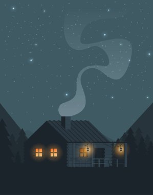 Vektör Illustration düz. Ev ile gece ormanı