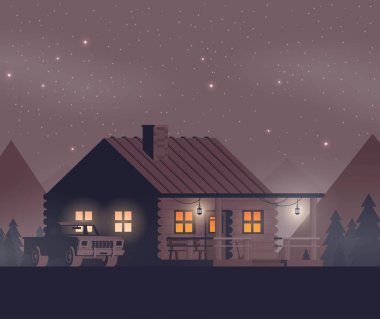 Vektör Illustration düz. Ev ile gece ormanı