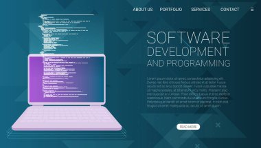 Yazılım geliştirme ve programlama, dizüstü bilgisayar ekranında program kodu, büyük veri işleme, bilgisayar-vector