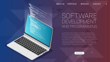Yazılım geliştirme ve programlama, dizüstü bilgisayar ekranında program kodu, büyük veri işleme, bilgisayar-vector