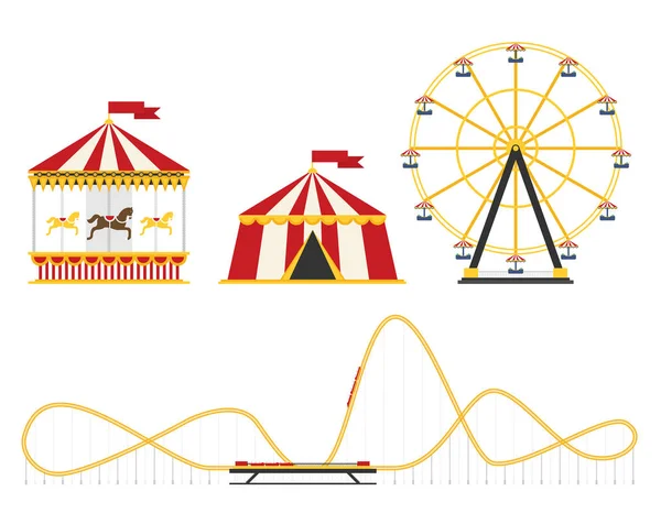 Los Elementos Del Parque Atracciones Establecen Estilo Plano Circo Carrusel — Vector de stock