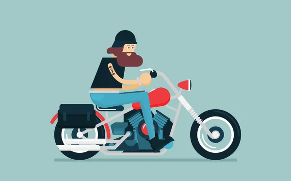 Acımasız Karikatür Biker Ile Düz Vektör Klasik Motosiklet — Stok Vektör