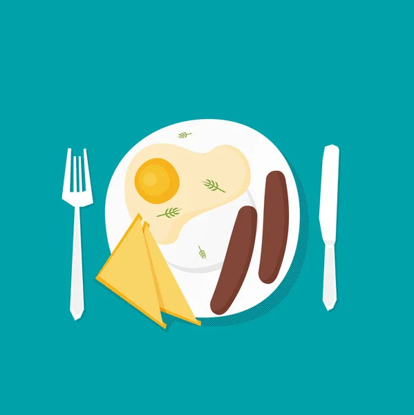Frühstück Vektor Illustration Teller Mit Wurst Sandwich Und Vorhanden Flacher — Stockvektor