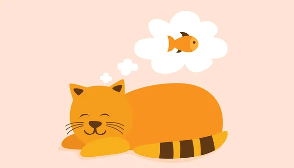 Sleeping Cartoon Cat Who Dreams Fish — Stock Vector