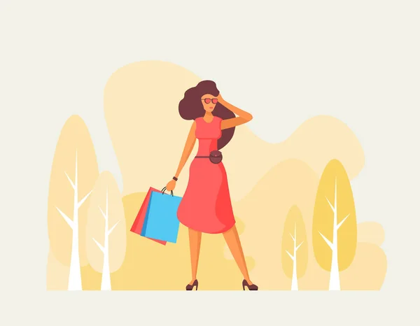 Muchacha Compras Moda Plana Ilustración Vector — Vector de stock