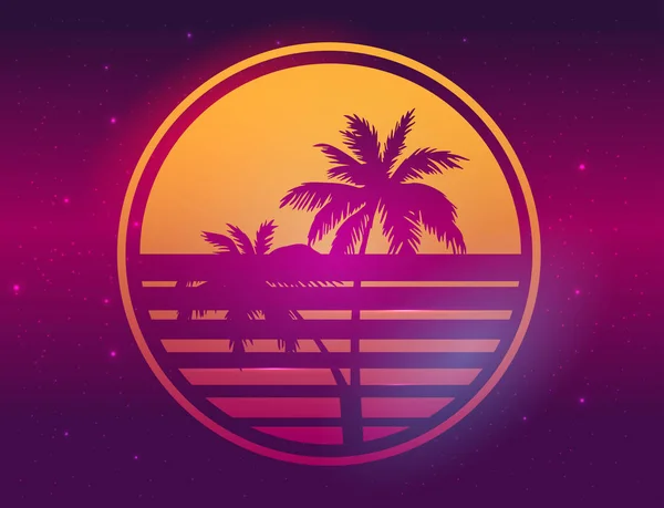 Puesta Sol Tropical Estilo Ola Retro Con Siluetas Palmeras Vector — Archivo Imágenes Vectoriales