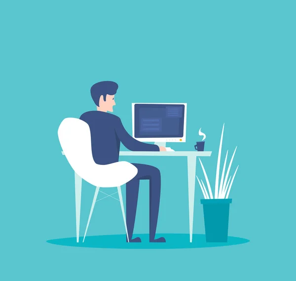 Düz Biçimli Vektörde Masaüstü Bilgisayarında Oturan Çalışan Ofis Çalışanı — Stok Vektör