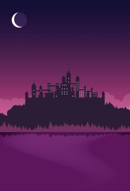 Büyülü, muhteşem karikatür şatosu ve ay. Vektör düz resimleme