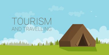 Turizm ve yeşil çimlerde kamp çadırı olan seyahat afişi