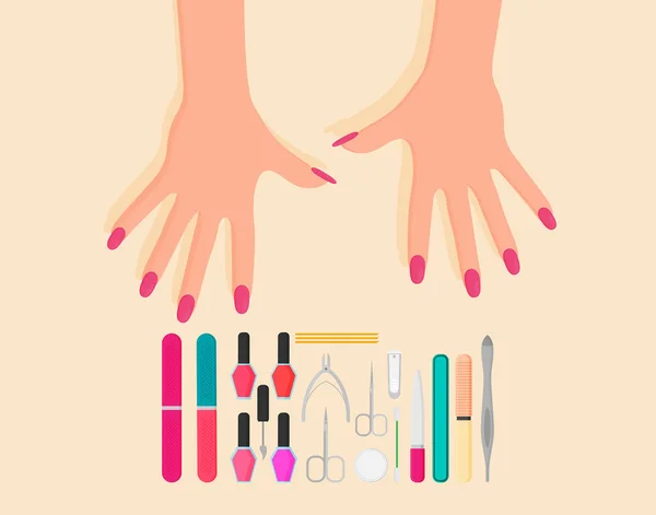 Mãos Femininas Ferramentas Cosméticas Para Ícones Manicure Design Estilo Plano — Vetor de Stock