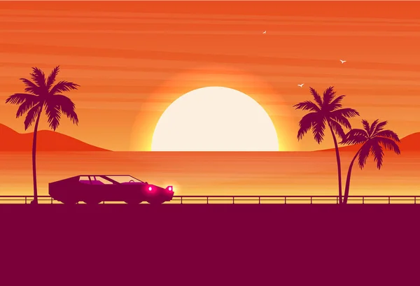 Τοπίο Φοίνικες Αυτοκίνητο Και Ηλιοβασίλεμα — Διανυσματικό Αρχείο