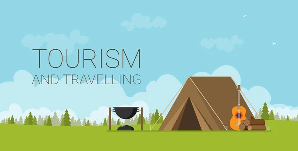 Tourismus Und Wanderbanner Mit Zeltlager Auf Grünem Rasen — Stockvektor