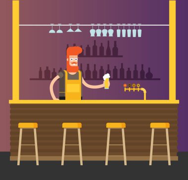 Bardaki barmen tabure ve alkollü içeceklerle raflarda, düz vektör illüstrasyonuyla
