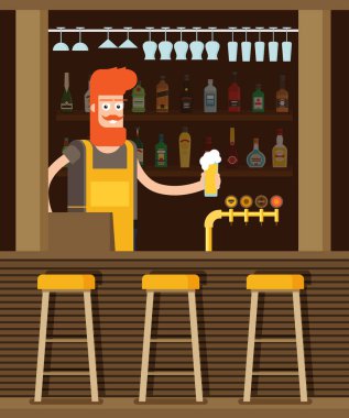 Bardaki barmen tabure ve alkollü içeceklerle raflarda, düz vektör illüstrasyonuyla