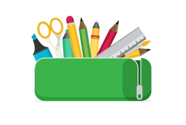 Okul kırtasiyeli parlak bir kalem kutusu, düz vektör çizimi