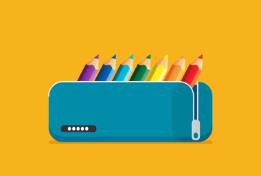 bright school pencil case with school stationery, flat vector illustration clipart