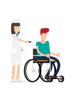 Adam beyaz arka planda tekerlekli sandalyede oturuyor. Doktor ona yardım ediyor. Düz bir şekilde vektör illüstrasyonu