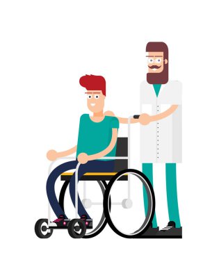 Adam beyaz arka planda tekerlekli sandalyede oturuyor. Doktor ona yardım ediyor. Düz bir şekilde vektör illüstrasyonu