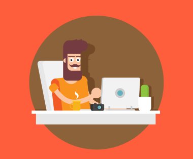 Dizüstü bilgisayarda çalışan sakallı adam, vektör karikatür çizimi