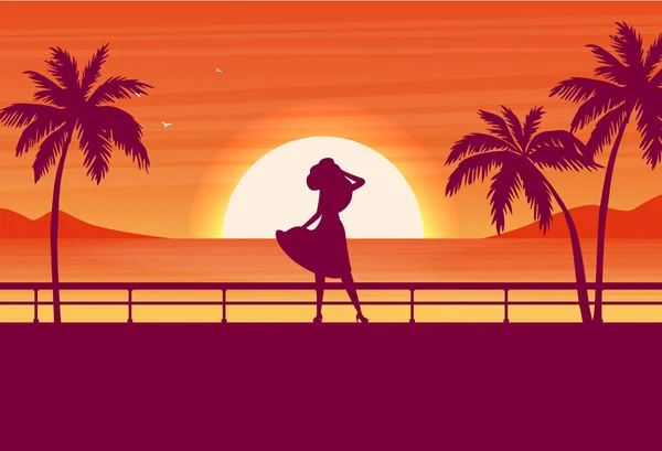 Silhouette Jeune Femme Palmiers Coucher Soleil — Image vectorielle