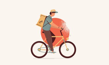 Çantalı, düz vektörlü yemek getiren adam.