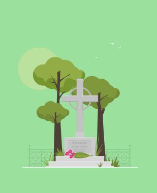 Mezarlar ve ağaçlarla dolu bir mezarlık. 