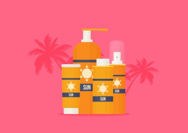 Güneş kremi koruma kozmetik vektör çizimi. krem simgesi düz stil izolasyona ayarlandı