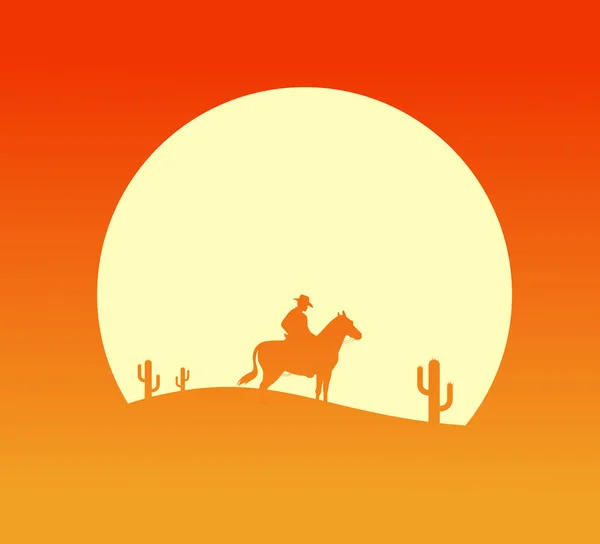 日落时的西部沙漠景观与牛仔轮廓矢量图解 — 图库矢量图片