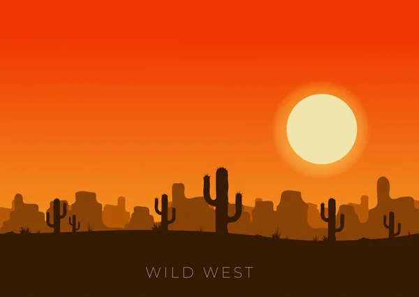 Paisaje Del Desierto Occidental Atardecer Con Ilustración Vector Silueta Vaquero — Archivo Imágenes Vectoriales