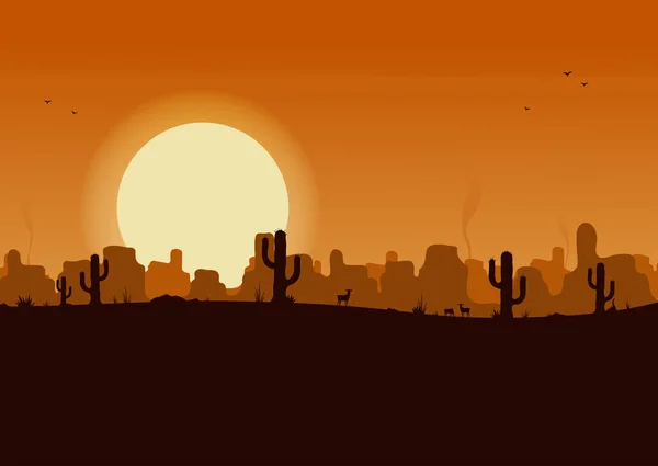 Paisaje Del Desierto Occidental Atardecer Con Ilustración Vector Silueta Vaquero — Archivo Imágenes Vectoriales