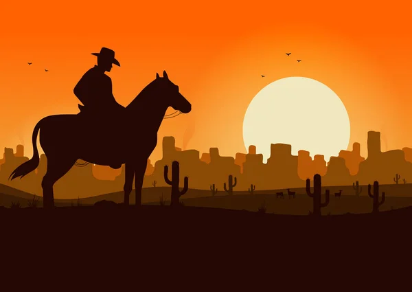 Kovboy Silueti Çizimleriyle Gün Batımında Batı Çöl Manzarası — Stok Vektör