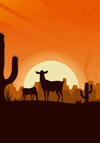 カウボーイのシルエットベクトルイラストと日没の西部砂漠の風景 — ストックベクタ