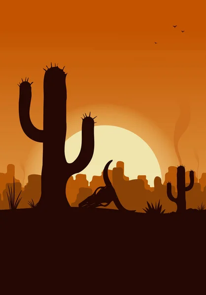 Δυτικό Τοπίο Της Ερήμου Στο Ηλιοβασίλεμα Καουμπόη Εικόνα Διάνυσμα Σιλουέτα — Διανυσματικό Αρχείο