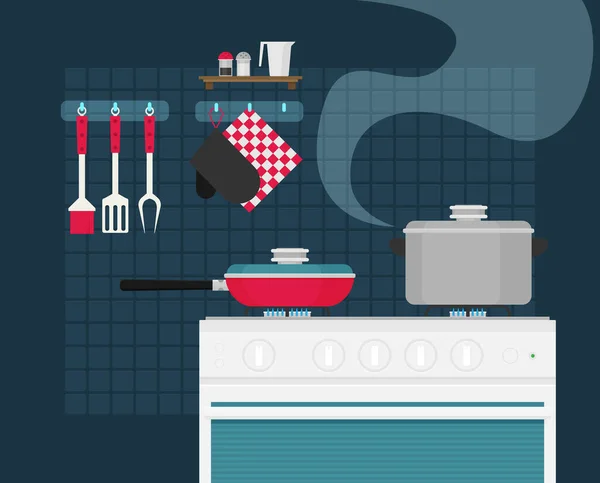 Intérieur de la cuisine, casseroles sur cuisinière — Image vectorielle