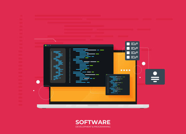 flat vector illustration design of seo concept. software developer system. programming and coding technology.