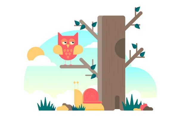 Flat Vector Cartoon Owl Tree Sky — Stock Vector