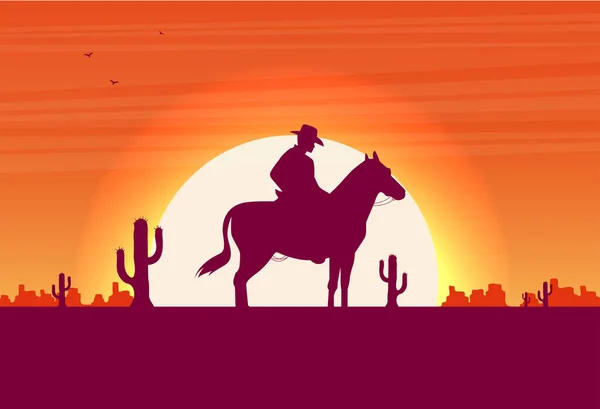 日没のベクトル図で西部の砂漠の風景 — ストックベクタ