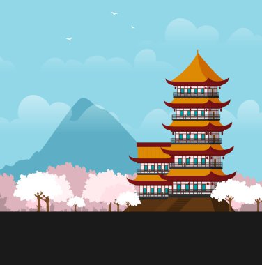 Pagoda ve gün batımlı dağ manzarası