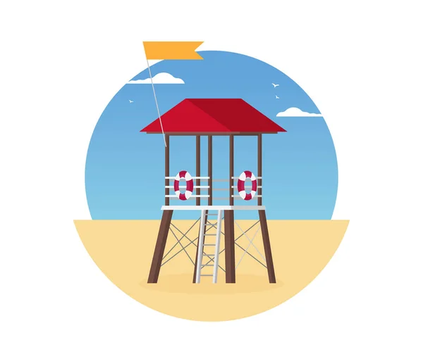 Playa Verano Con Torre Observación Que Salva Vidas Arte Vectorial — Vector de stock