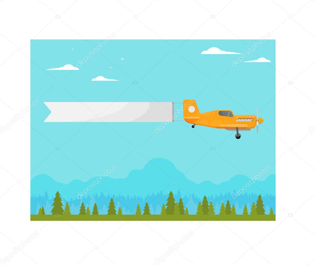 Flying vintage plane with the advertising banner modern flat concept. Template for a text web banners