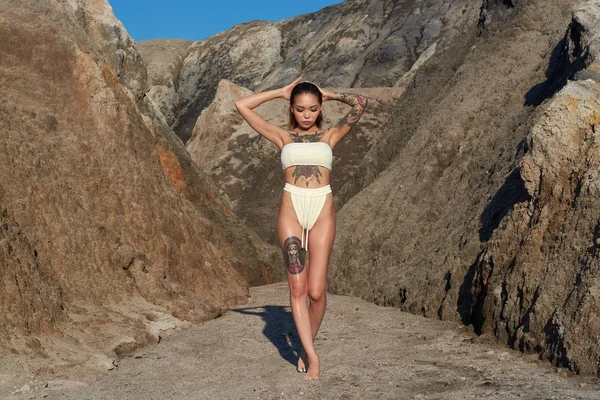 Asiatico Ragazza Con Tatuaggio Stand Montagne Bianco Bikini — Foto Stock